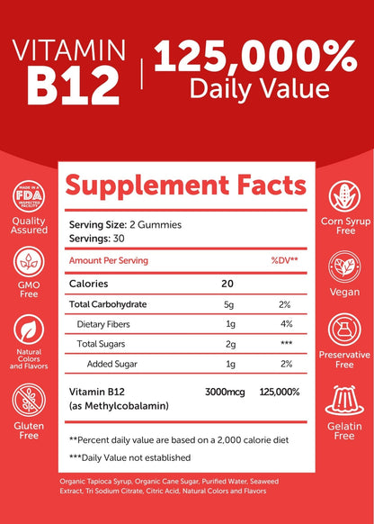 Lunakai USA Made Vitamin B12 Gummies 3000mcg, B12 Vitamins for Energy, Brain & Metabolism Support, Methylcobalamin for Adults, Women & Men, - Maple Wellness Supplements
