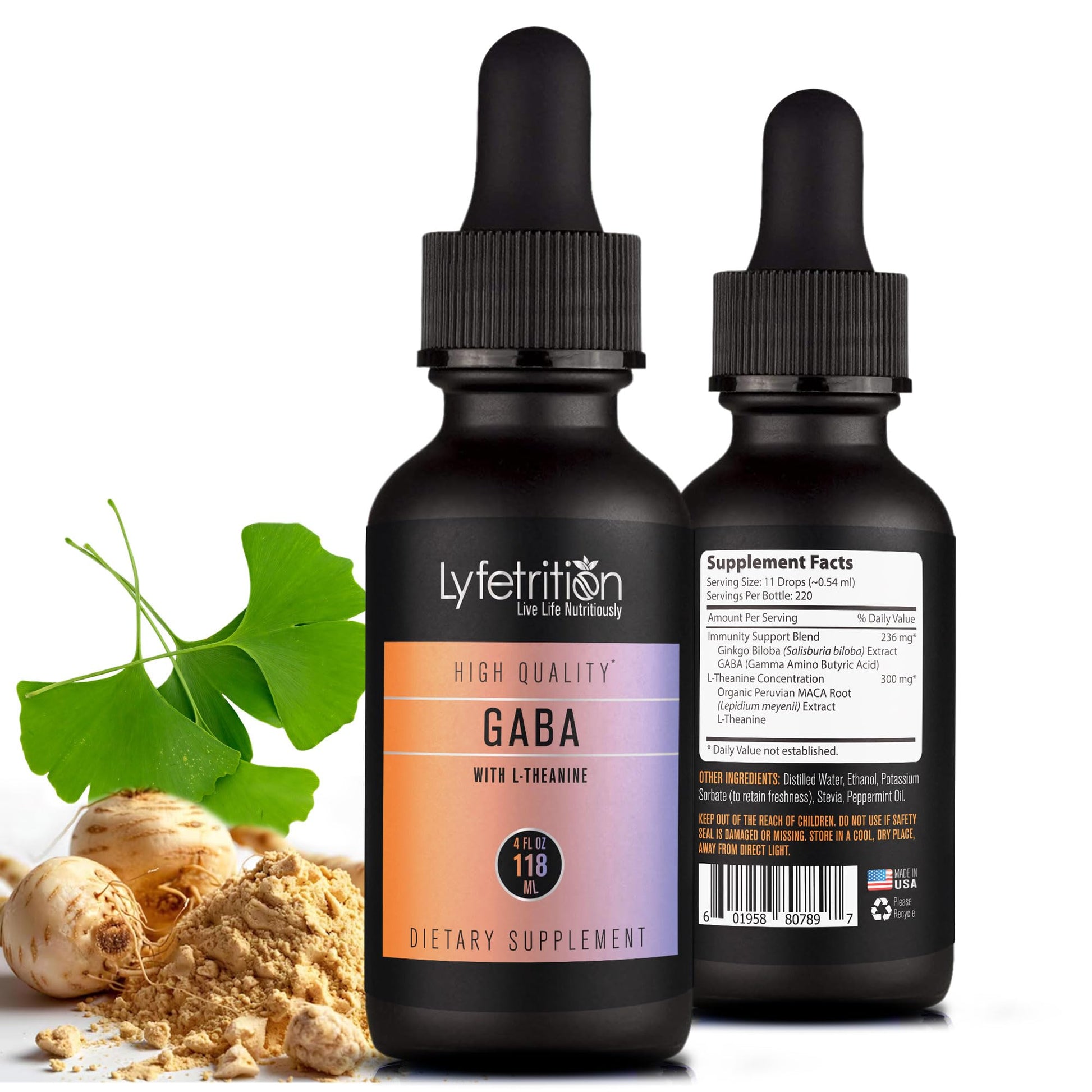 Lyfetrition GABA with L-Theanine, Ginkgo Biloba (Salisburia biloba) Extract, Organic Peruvian MACA Root (Lepidium meyenii) Extract, 118 ml, 4 FL Oz Liquid, 220 Servings, Made in USA, Quick Absorption - Maple Wellness Supplements