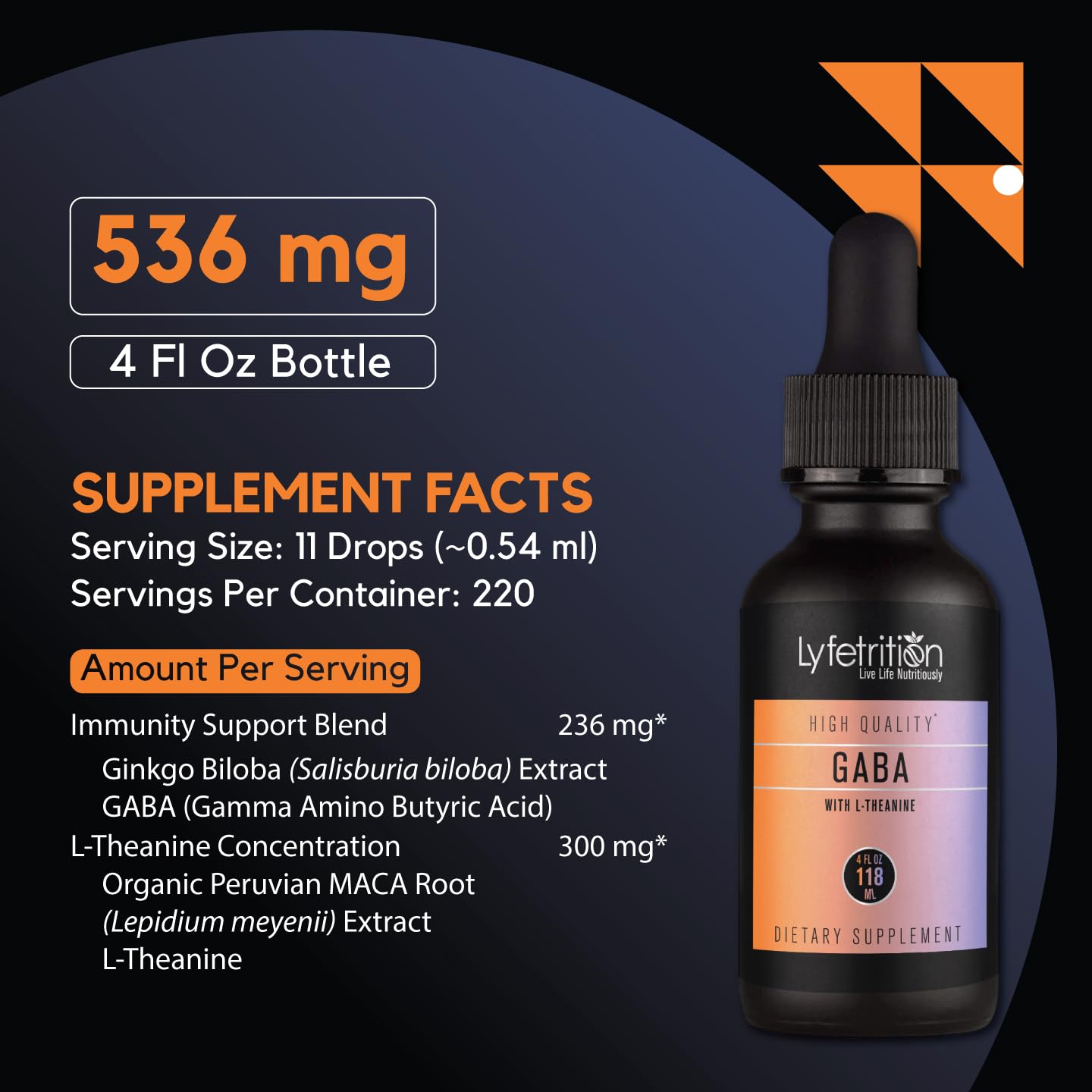 Lyfetrition GABA with L-Theanine, Ginkgo Biloba (Salisburia biloba) Extract, Organic Peruvian MACA Root (Lepidium meyenii) Extract, 118 ml, 4 FL Oz Liquid, 220 Servings, Made in USA, Quick Absorption - Maple Wellness Supplements