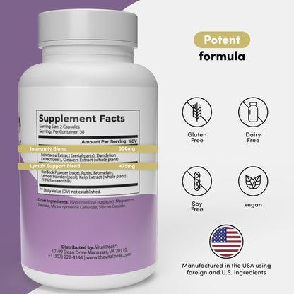 Lymph Peak - Lymphatic Drainage Supplements - Lymph System Support - with Burdock Root, Echinacea Extract, Bromelain, Dandelion Extract & More - Vegan, Non GMO, Gluten Free - 60 Capsules - Maple Wellness Supplements