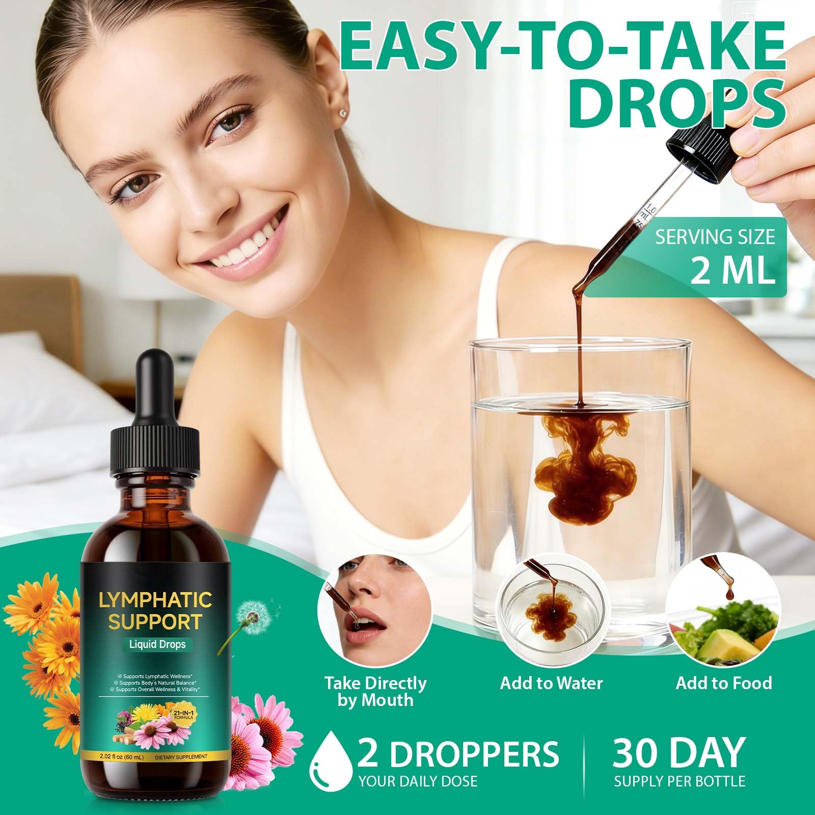 Lymphatic Drainage Drops, Support Supplement with Echinacea, Dandelion, Elderberry, Cleavers, Astragalus, Burdock & More, 2 FL OZ - Natural Lymphatic Cleanse & Immune Support - Maple Wellness Supplements
