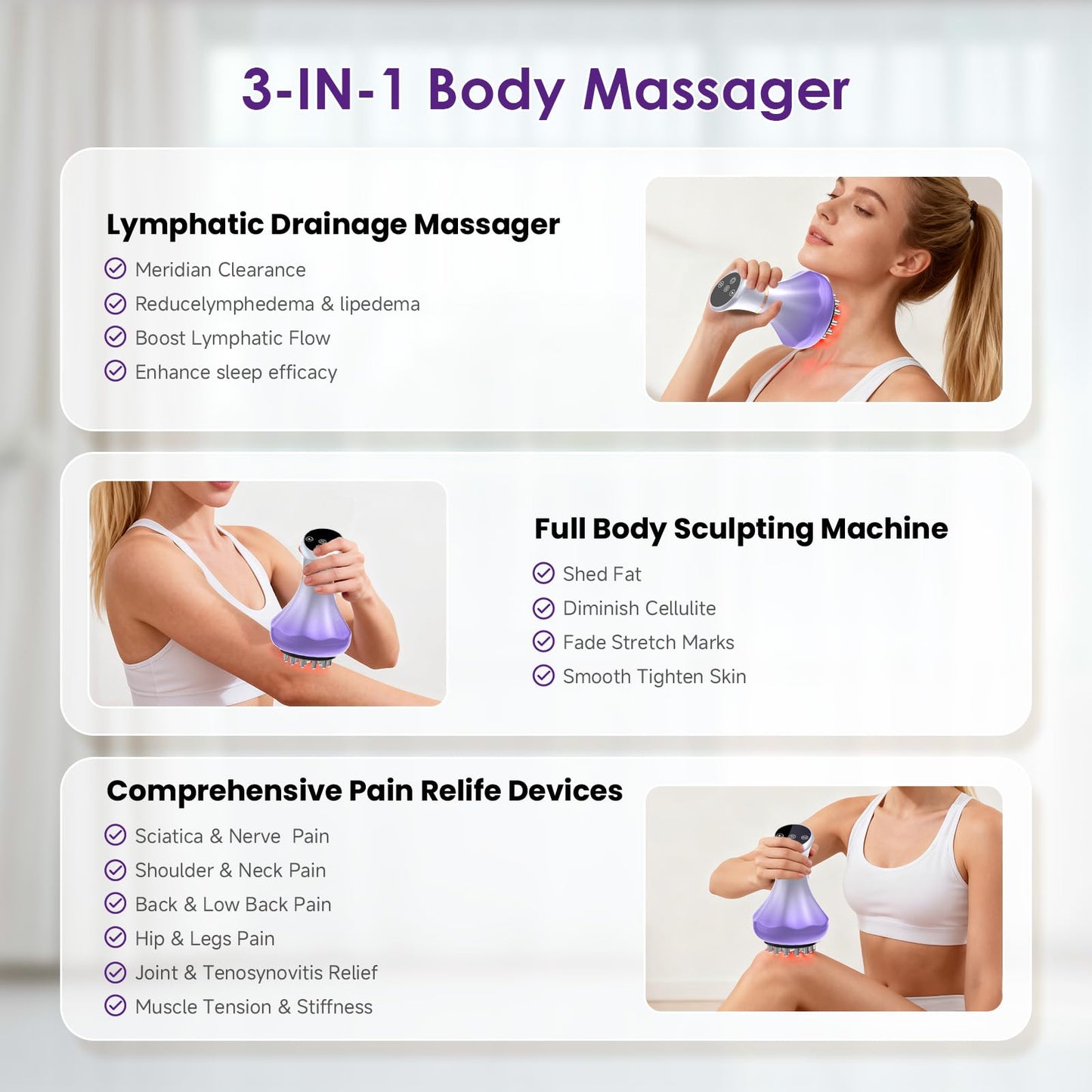 Lymphatic Drainage Massager, Anti Cellulite Massage Tool For Thigh & Belly Stretch Marks & Cellulite Reduction, Handheld Massage tools for Sciatica Nerve, Legs, Arms, Hip, Muscle, Low Back Pain Relief - Maple Wellness Supplements