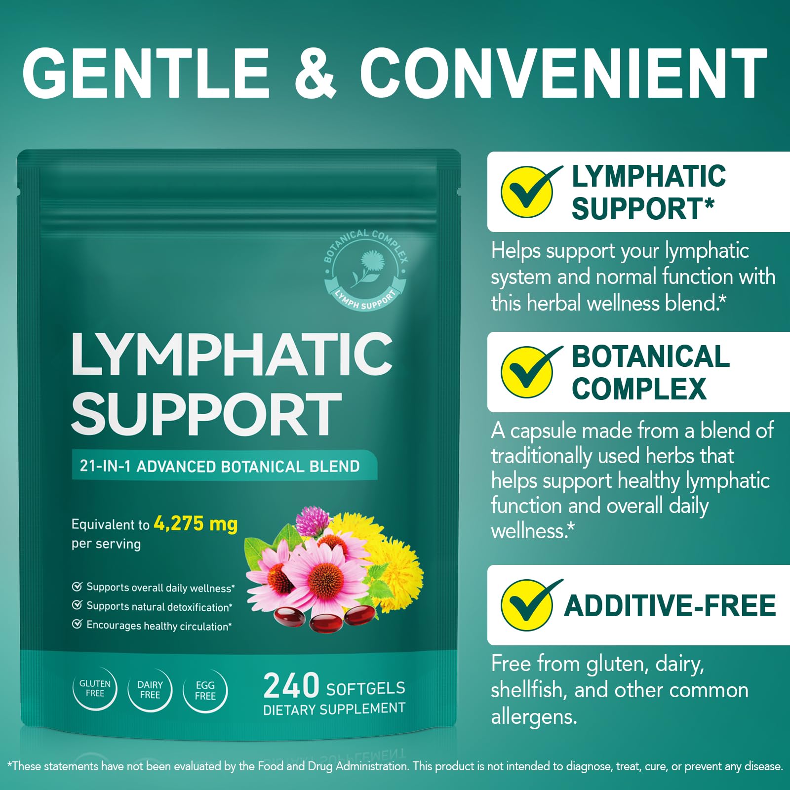 Lymphatic Drainage Supplement – 4,275 mg 21-in-1 Botanical Complex, Echinacea, Burdock Root, Red Clover, Elderberry & Dandelion, Supports Natural Detox & Healthy Circulation, 240 Softgels - Maple Wellness Supplements
