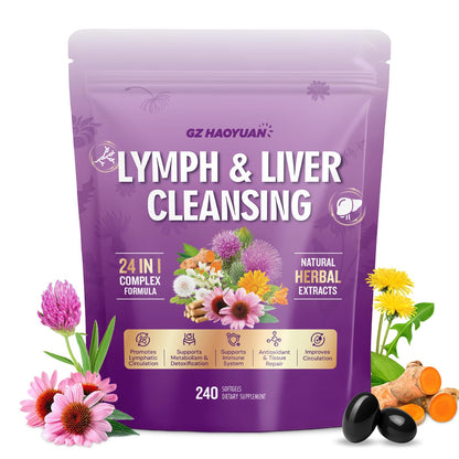 Lymphatic Drainage Supplement, Liver Cleanse Detox & Repair, 24-in-1 Herbal Blend with Echinacea, Dandelion, Burdock, Bromelain, Calendula, Turmeric - Lymph System Support, Less Bloating, 240 Softgels - Maple Wellness Supplements