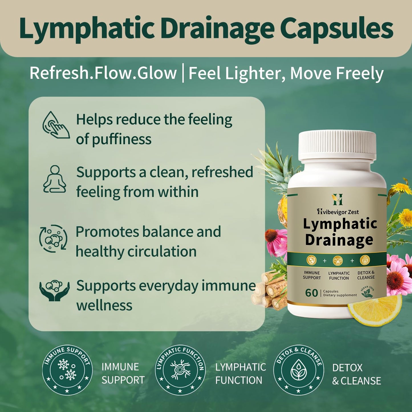 Lymphatic Drainage Supplement – Natural Herbal Formula with Dandelion, Burdock & Echinacea, Supports Fluid Balance, Immune Health & Cellulite Reduction – 60 Capsules - Maple Wellness Supplements