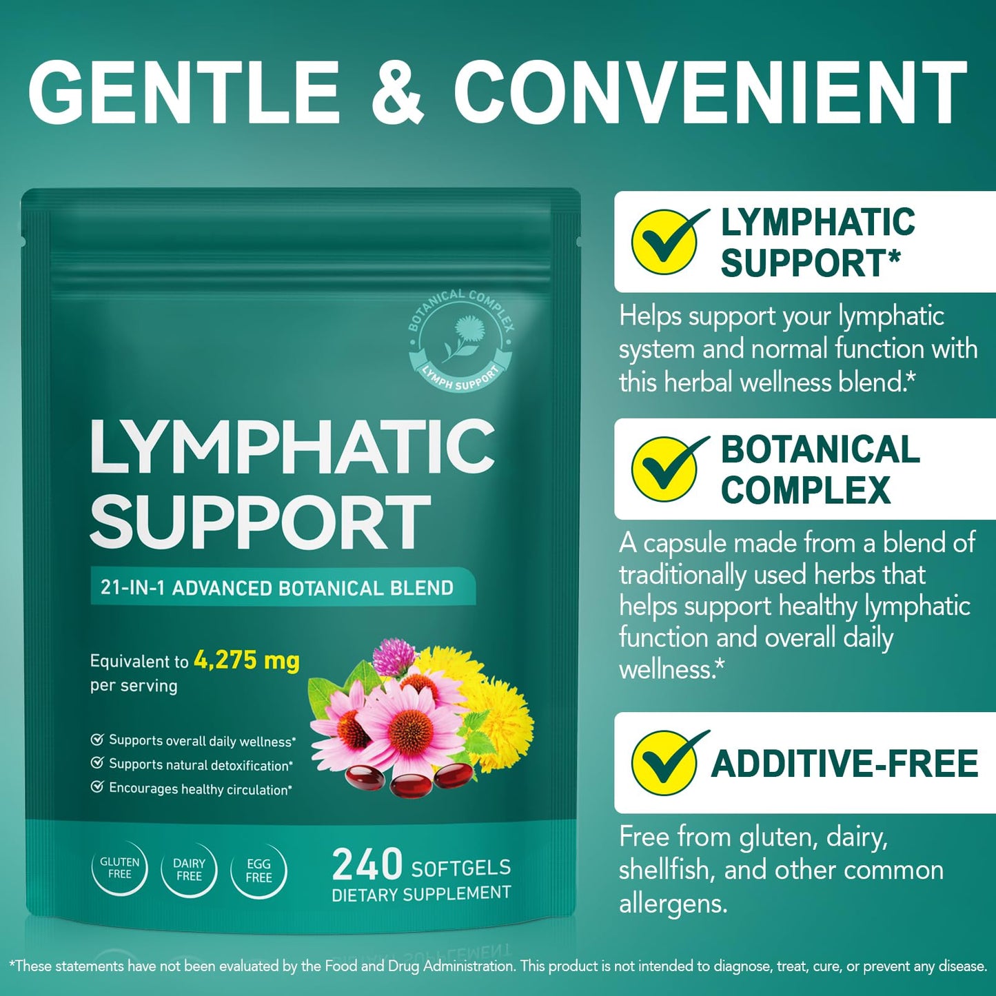 Lymphatic Drainage Supplements, Lymphatic Support Softgels for Immune Health, Plant-Based Formula with Echinacea, Burdock Root, Elderberry, Bromelain, Turmeric, 240 Softgels - Maple Wellness Supplements