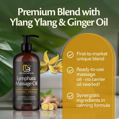 Lymphatic Massage Oil for Massage Therapy - Lymphatic Drainage Oil for Body Care Circulation & Detox Support with Ylang Ylang, Ginger, Lavender, Grapeseed, Vitamin E & Stem Cell (8 Fl Oz) by M3 - Maple Wellness Supplements