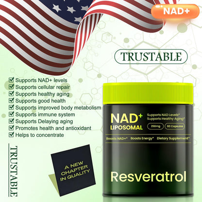 Lyndops NAD Supplement, Liposomal Nicotinamide Riboside Resveratrol 250mg, NMN Alternative, High Purity NAD Supplement for Women & Men, Anti-Aging, Cellular Energy, Mental Focus - 60 Capsules - Maple Wellness Supplements