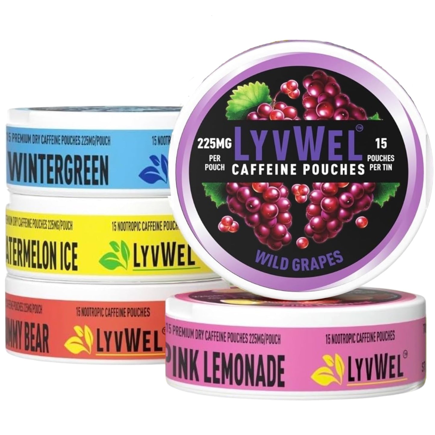 LyvWel 225mg Caffeine Energy Pouches | Nootropic Focus & Neuro Support | Tobacco-Free, Nicotine-Free, Quick Energy Solution | 5-Pack: 60 Pouches (5 Pack, Multi-Pack) - Maple Wellness Supplements