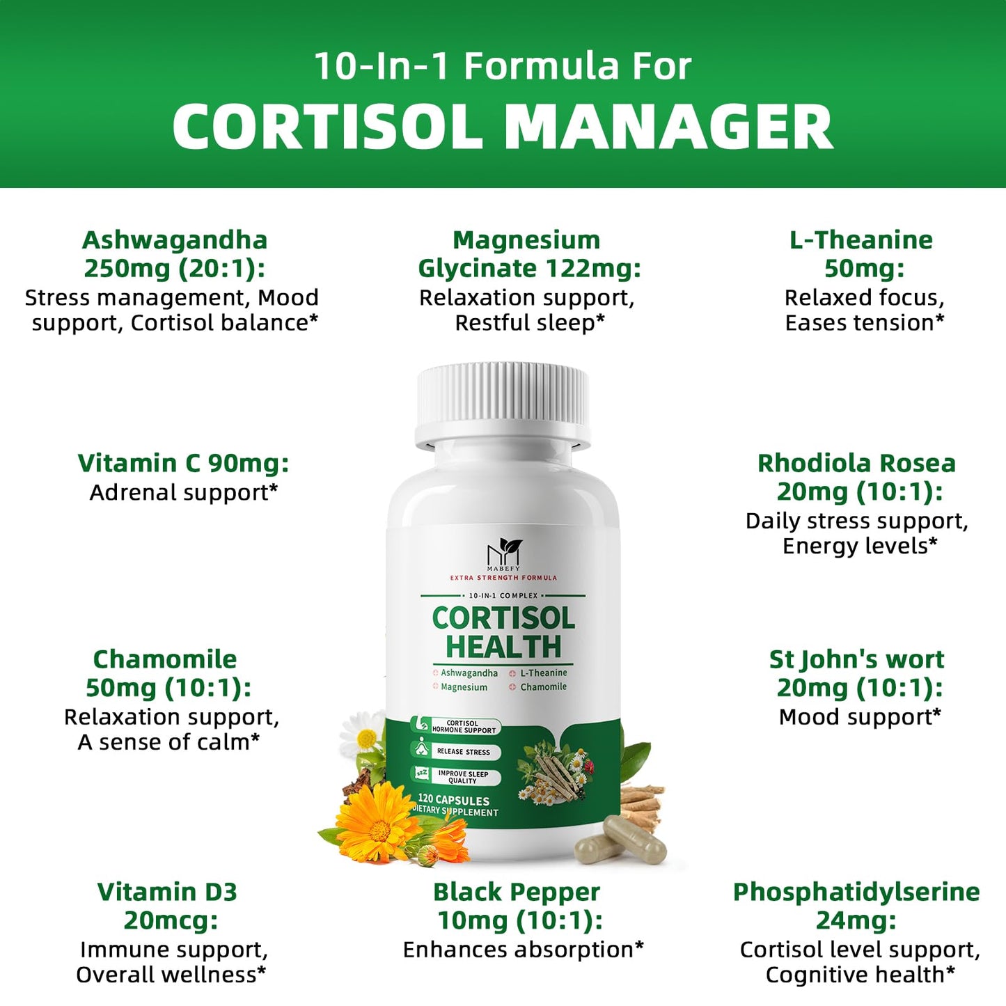 MABEFY Cortisol Supplements for Women/Men - 10 in 1 Cortisol Manager Reducer Lower Detox Balance with Magnesium, Ashwagandha, L-Theanine for Stress, Sleep, Calm, Mood Support - 60 Capsules for 30 Days - Maple Wellness Supplements