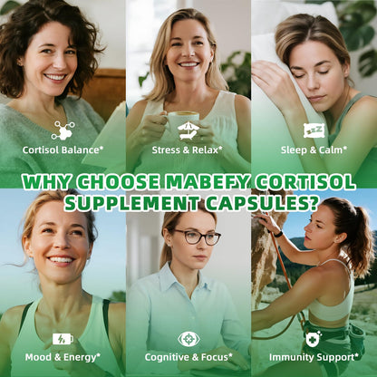 MABEFY Cortisol Supplements for Women/Men - 10 in 1 Cortisol Manager Reducer Lower Detox Balance with Magnesium, Ashwagandha, L-Theanine for Stress, Sleep, Calm, Mood Support - 60 Capsules for 30 Days - Maple Wellness Supplements