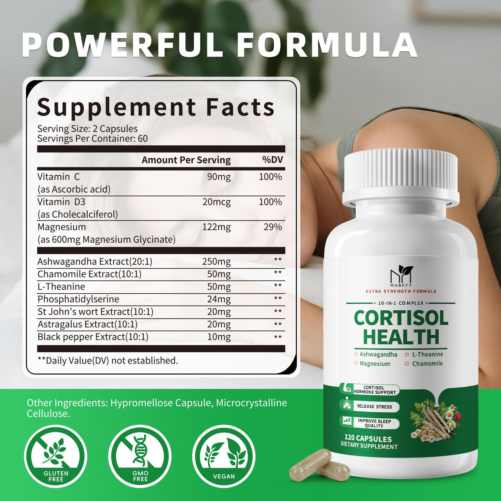 MABEFY Cortisol Supplements for Women/Men - 10 in 1 Cortisol Manager Reducer Lower Detox Balance with Magnesium, Ashwagandha, L-Theanine for Stress, Sleep, Calm, Mood Support - 60 Capsules for 30 Days - Maple Wellness Supplements