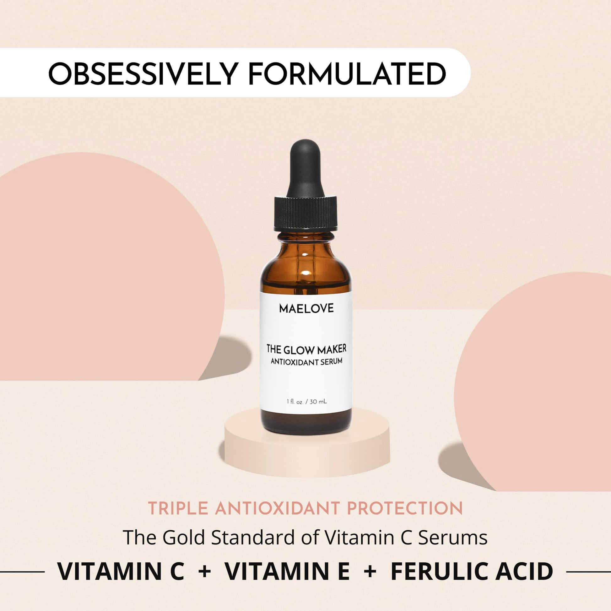 MAELOVE Glow Maker Vitamin C Serum with Vitamin E, Ferulic Acid & Hyaluronic Acid, Award-Winning Brightening - Maple Wellness Supplements