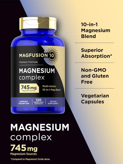 Magfusion-10 Magnesium Complex Supplement 745mg | 120 Capsules | 10 in 1 Blend | Vegetarian, Non-GMO, Gluten Free - Maple Wellness Supplements