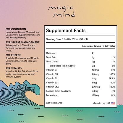 Magic Mind Energy And Focus Drink Shots - Stress Relieving, No Jitters, Ashwagandha, Vitamin B12, Vitamin C, Matcha Green Tea, Functional Mushrooms - 2 FL Oz (15 Pack) - Maple Wellness Supplements