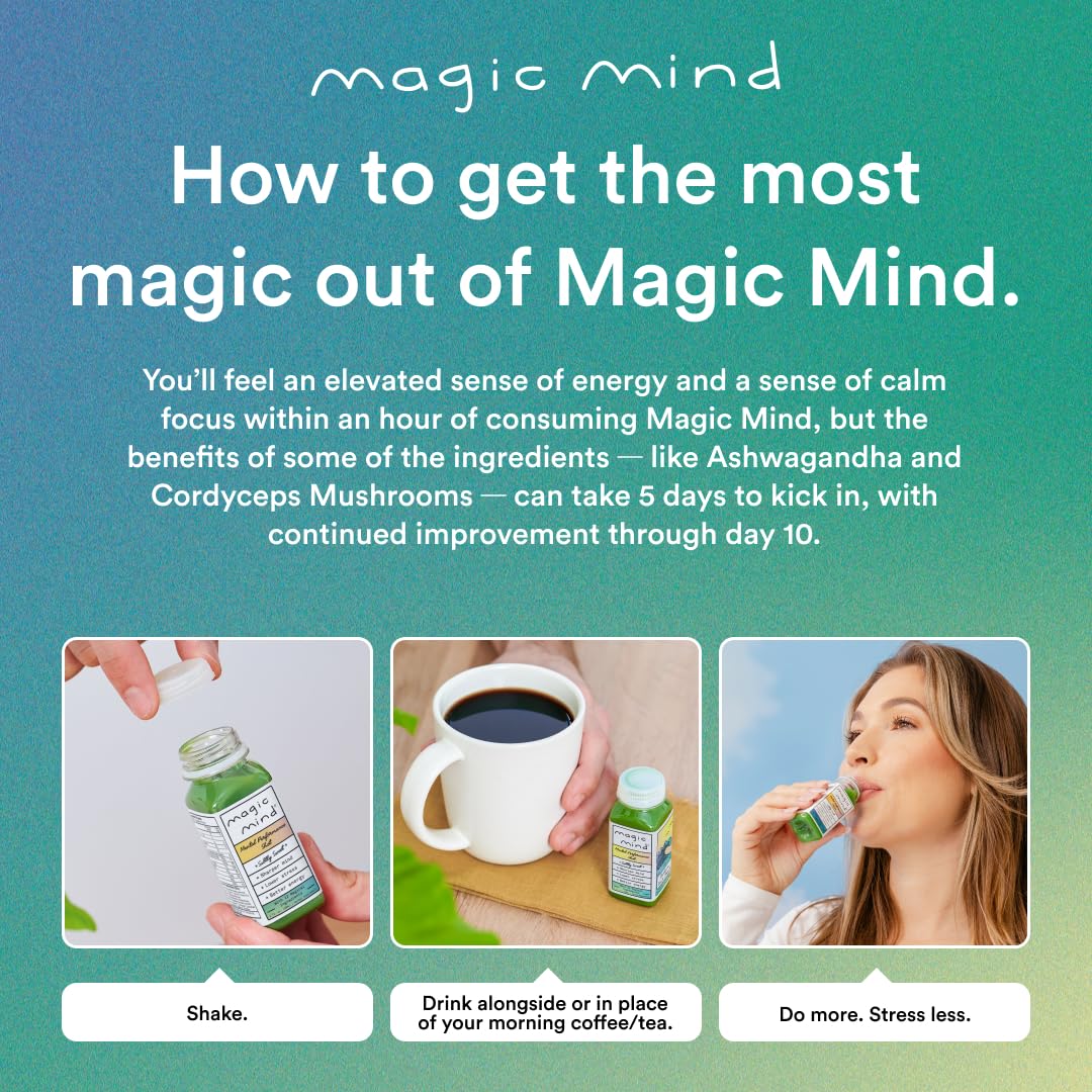 Magic Mind Energy And Focus Drink Shots - Stress Relieving, No Jitters, Ashwagandha, Vitamin B12, Vitamin C, Matcha Green Tea, Functional Mushrooms - 2 FL Oz (15 Pack) - Maple Wellness Supplements