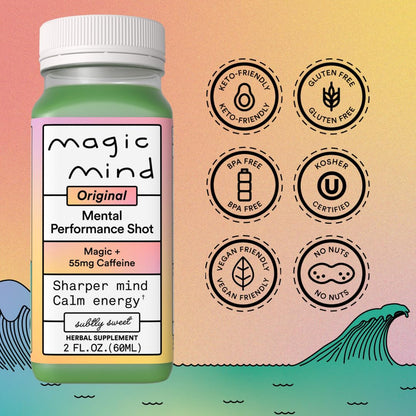 Magic Mind Energy And Focus Drink Shots - Stress Relieving, No Jitters, Ashwagandha, Vitamin B12, Vitamin C, Matcha Green Tea, Functional Mushrooms - 2 FL Oz (15 Pack) - Maple Wellness Supplements