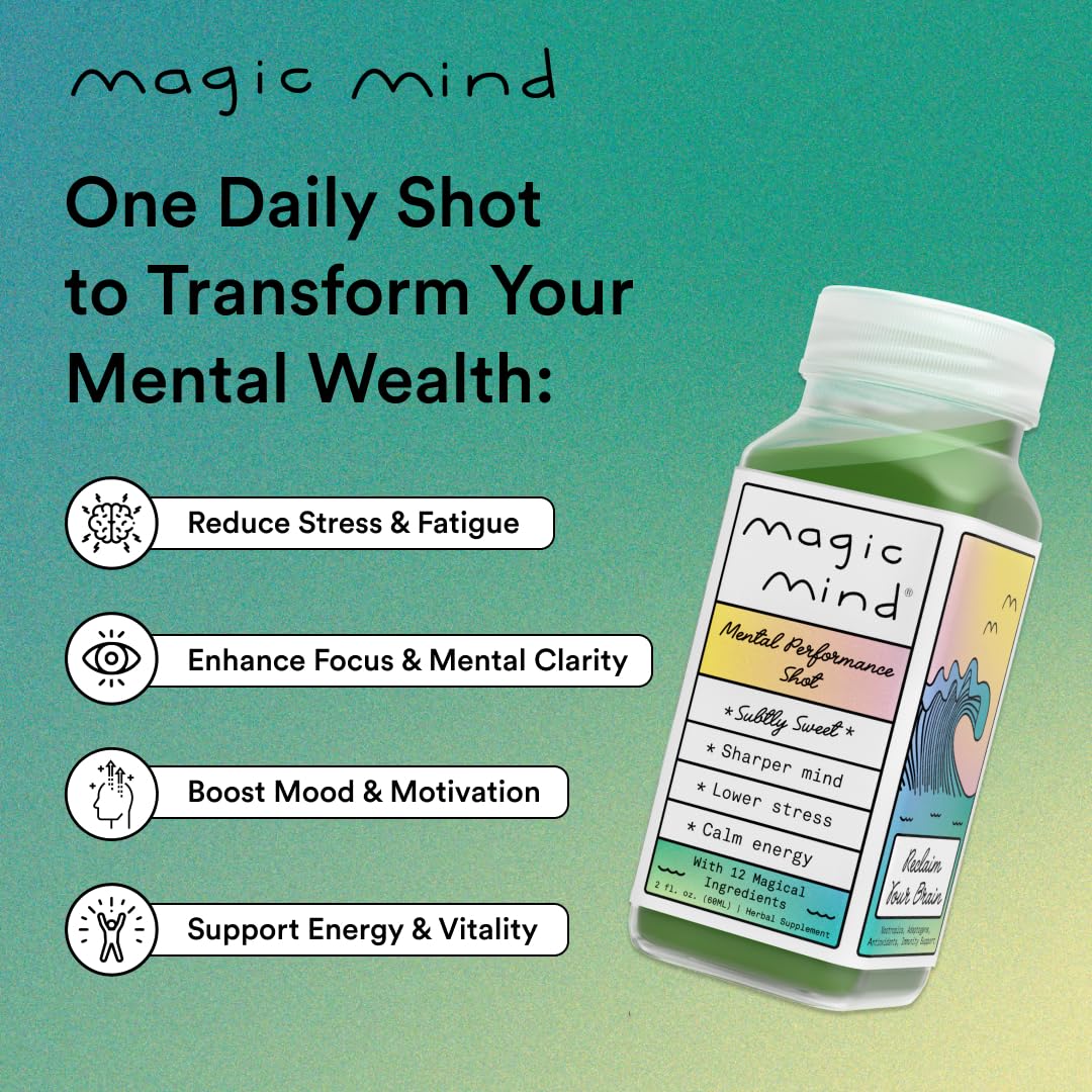 Magic Mind Focus Energy Drink Shots - No Jitters, Stress Relieving, Ashwagandha, Functional Mushrooms, Matcha Green Tea, Vitamin B12, Vitamin C - 2 FL Oz (5 Pack) - Maple Wellness Supplements