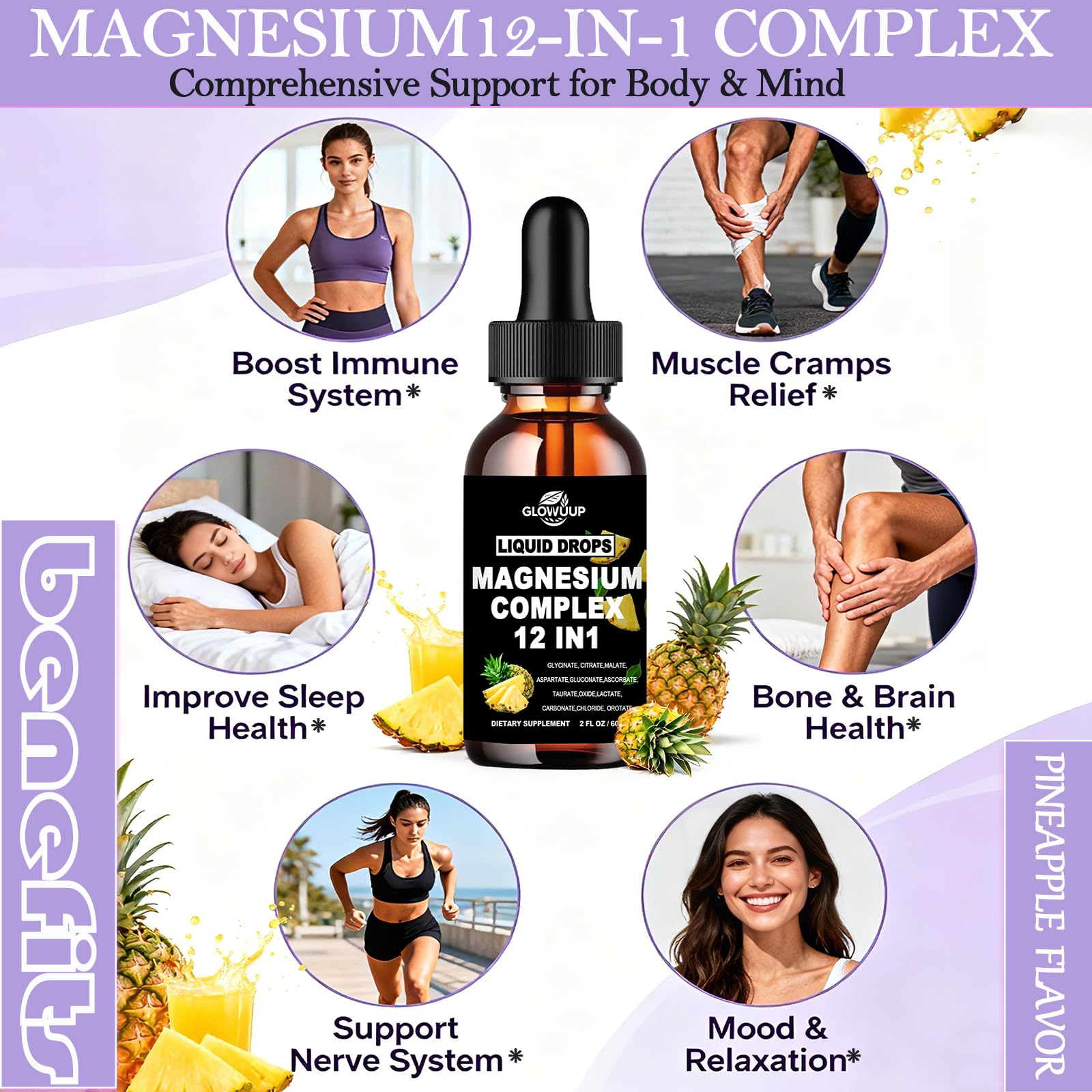 Magnesium 12 in 1 Complex 1000mg Supplement for Women & Men, High Absorption Liquid Magnesium W/Glycinate Citrate Malate Taurate Oxide Aspartate Orotate, Calm Magnesium for Sleep Muscle Heart Support - Maple Wellness Supplements
