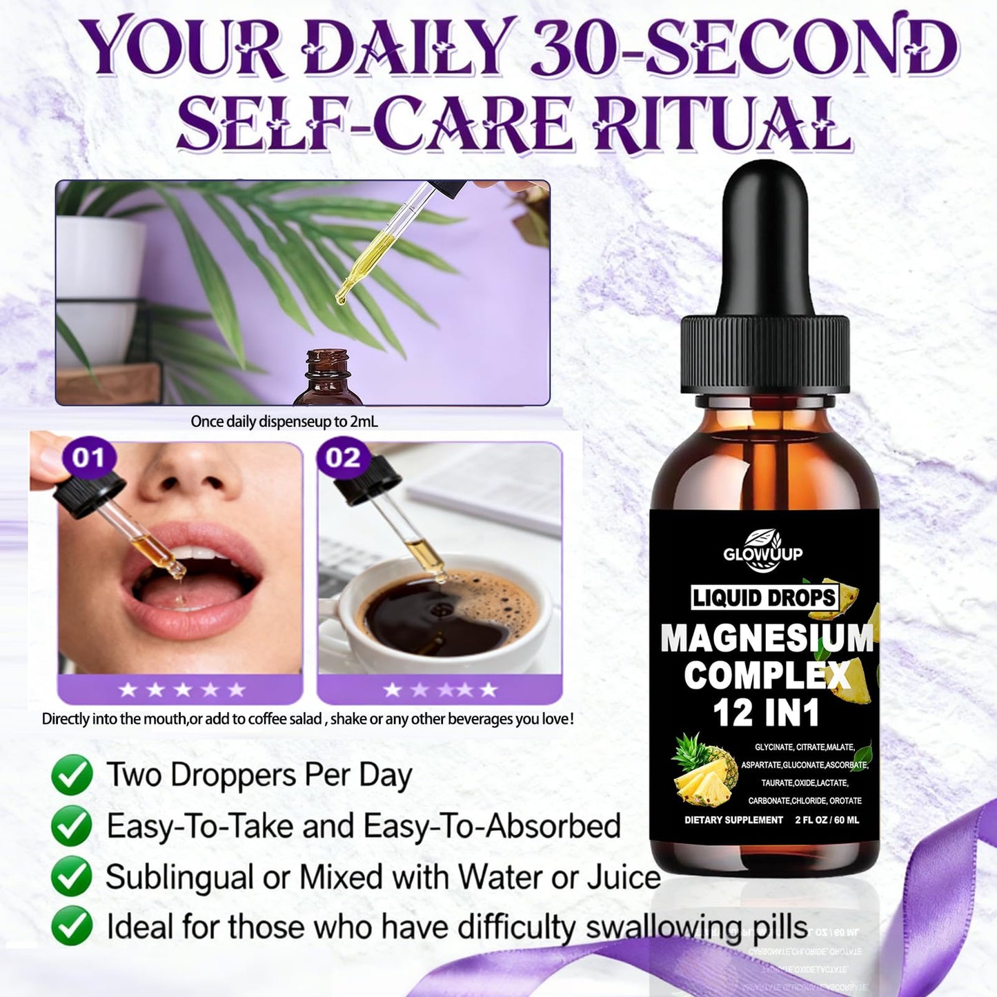 Magnesium 12 in 1 Complex 1000mg Supplement for Women & Men, High Absorption Liquid Magnesium W/Glycinate Citrate Malate Taurate Oxide Aspartate Orotate, Calm Magnesium for Sleep Muscle Heart Support - Maple Wellness Supplements