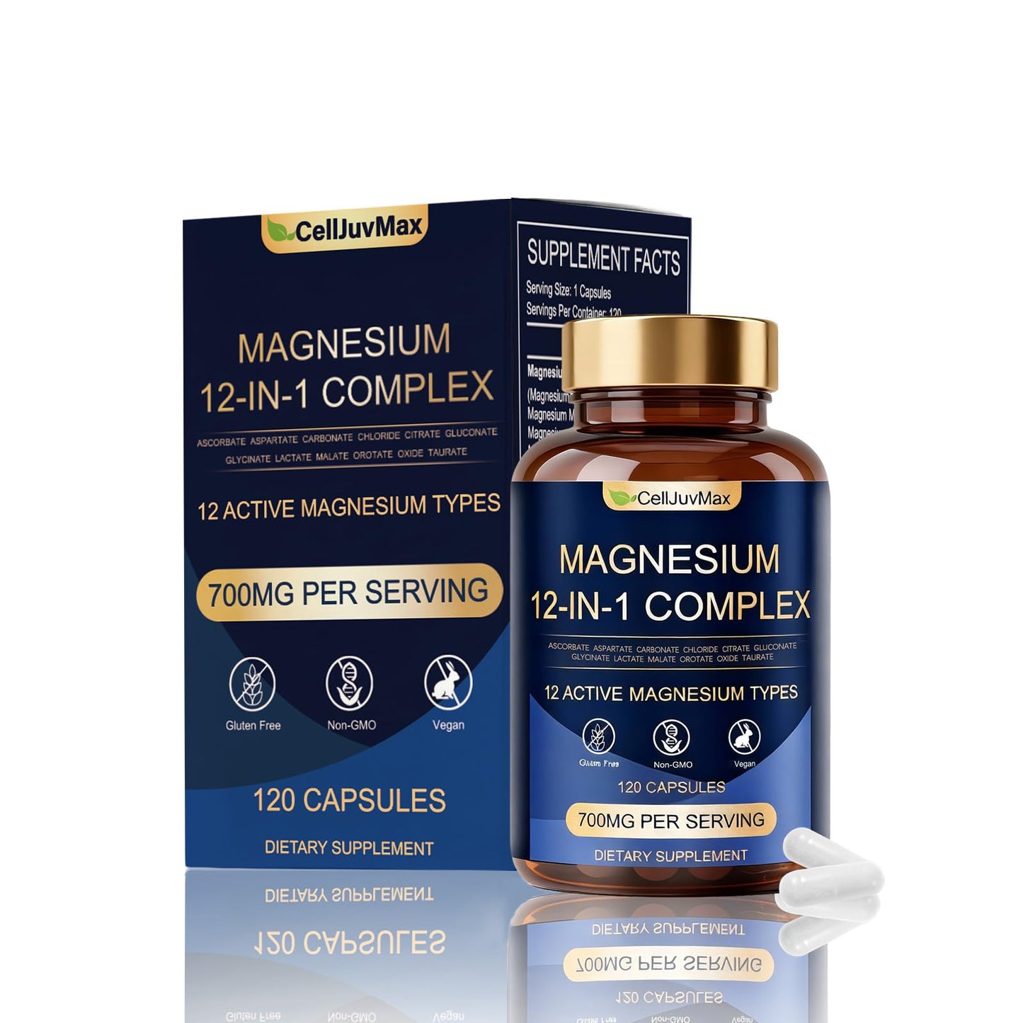 Magnesium 12-in-1 Complex 700mg, with Glycinate & Citrate, Vegan Supplement for Daily Wellness, 120 Capsules (1) - Maple Wellness Supplements