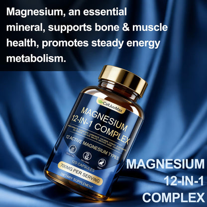 Magnesium 12-in-1 Complex 700mg, with Glycinate & Citrate, Vegan Supplement for Daily Wellness, 120 Capsules (1) - Maple Wellness Supplements