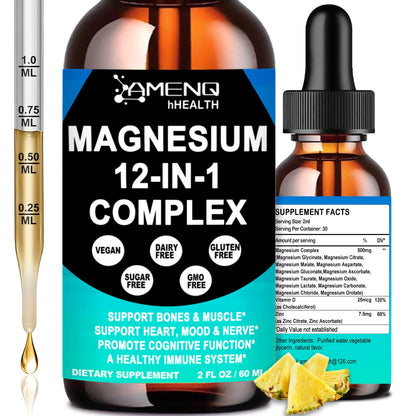 Magnesium 12 in 1 Complex Liquid Drops Magnesium Supplement w. Glycinate Citrate Malate Taurate Oxide Aspartate Orotate, Calm Magnesium for Sleep Muscle Heart Support丨Max Absorption Liquid Formula - Maple Wellness Supplements