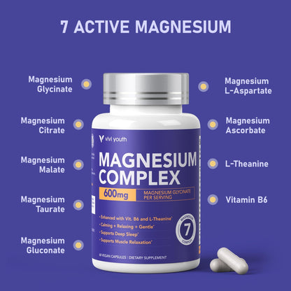 Magnesium 7 Complex for Women 1600mg, Magnesium Glycinate 600mg 7 High Absorption Magnesium Supplement with Citrate, Malate, Chelate, Taurate, Gluconate, Aspartate & Ascorbate for Sleep, 60 Capsules - Maple Wellness Supplements