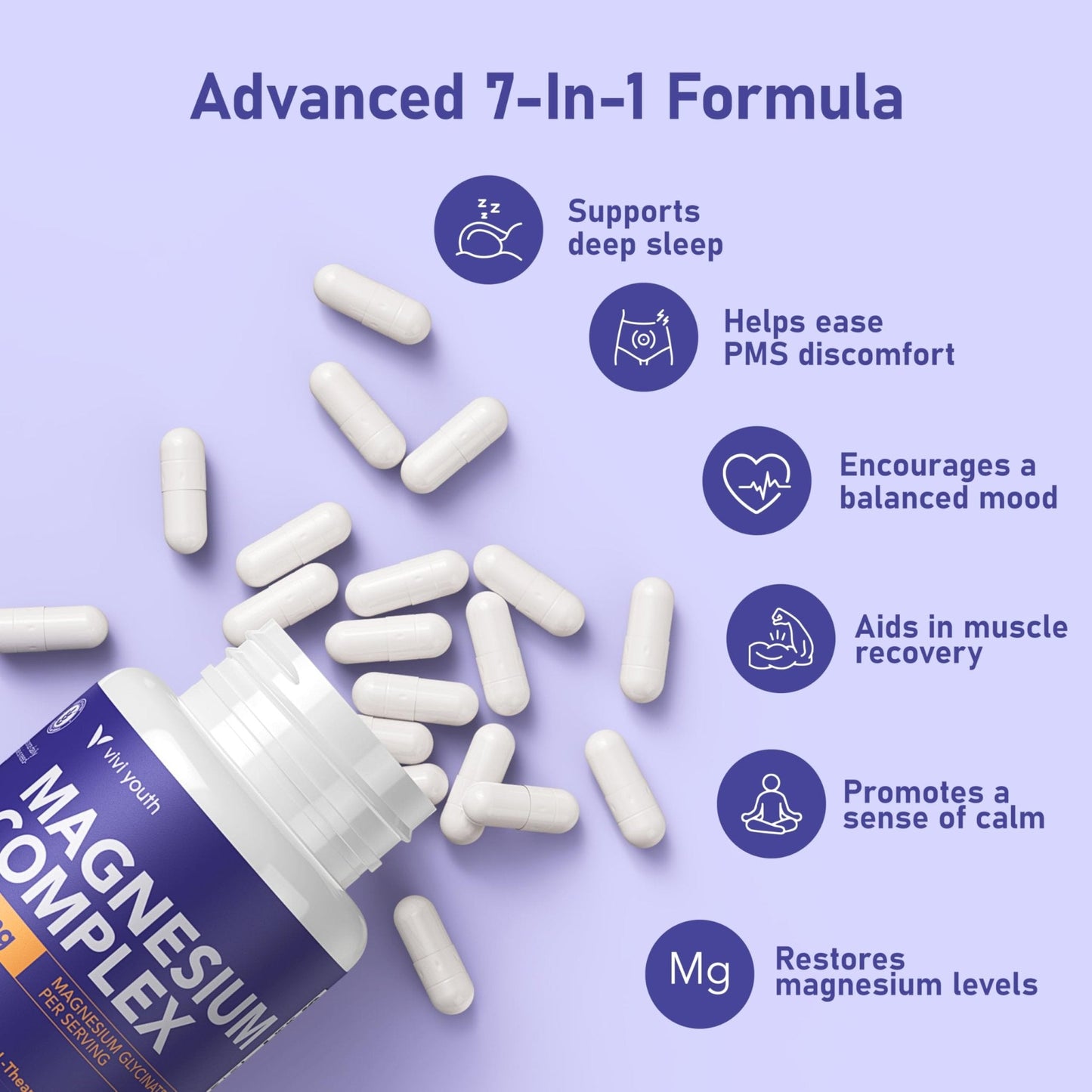 Magnesium 7 Complex for Women 1600mg, Magnesium Glycinate 600mg 7 High Absorption Magnesium Supplement with Citrate, Malate, Chelate, Taurate, Gluconate, Aspartate & Ascorbate for Sleep, 60 Capsules - Maple Wellness Supplements