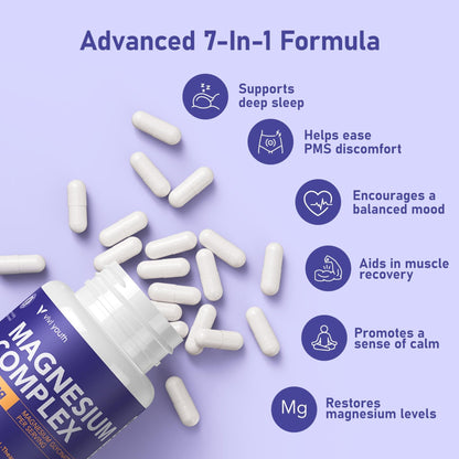 Magnesium 7 Complex for Women 1600mg, Magnesium Glycinate 600mg 7 High Absorption Magnesium Supplement with Citrate, Malate, Chelate, Taurate, Gluconate, Aspartate & Ascorbate for Sleep, 60 Capsules - Maple Wellness Supplements