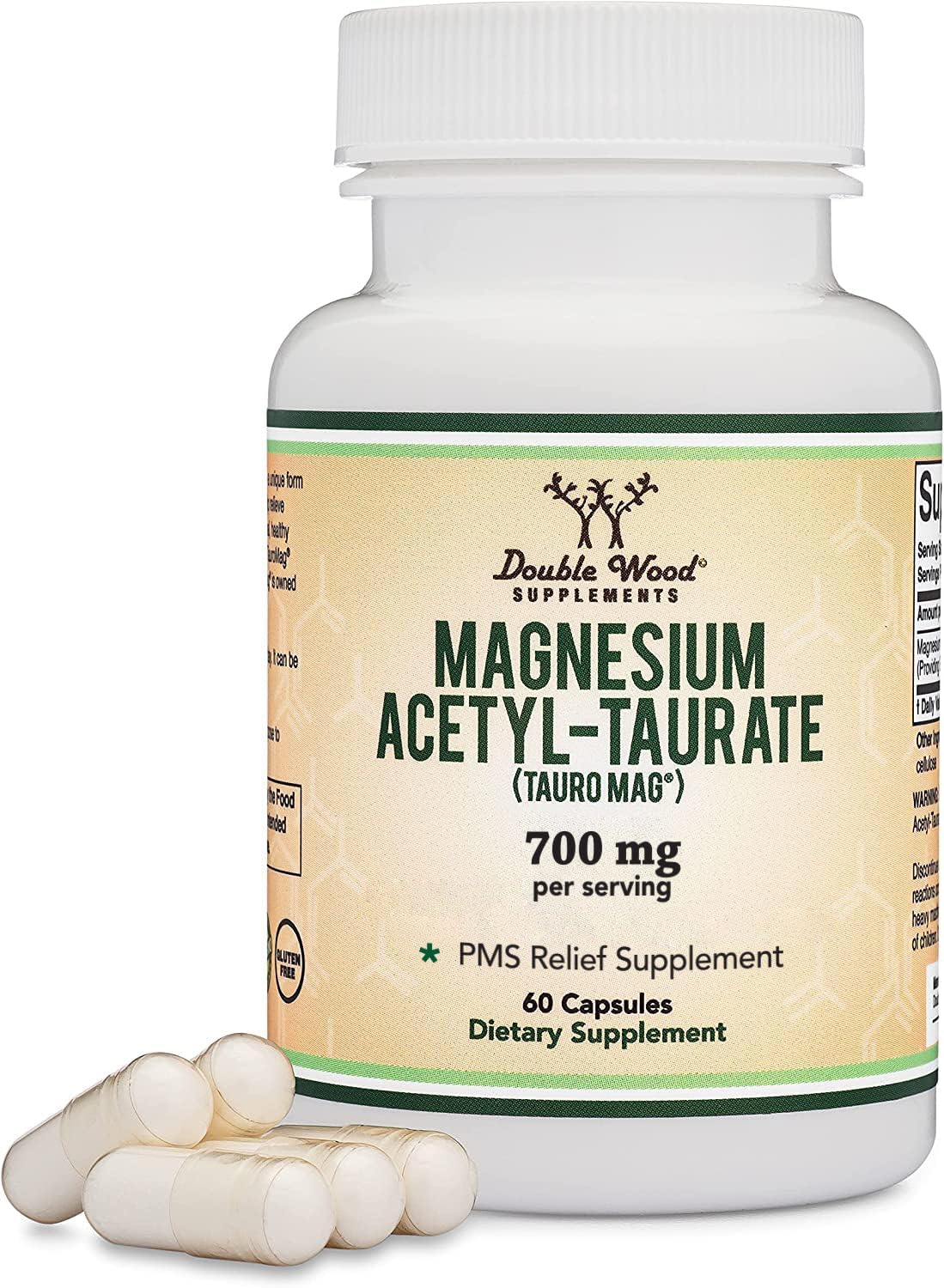 Magnesium Acetyl-Taurate (ATA MG, TauroMag) Novel and Patented Form of Magnesium for PMS and Cramp Relief (60 Capsules, 350mg) PMS Relief Magnesium Supplement by Double Wood Supplements - Maple Wellness Supplements