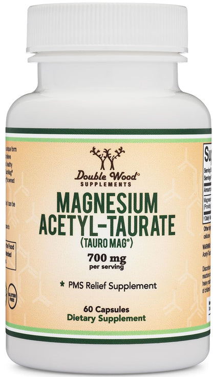 Magnesium Acetyl-Taurate (ATA MG, TauroMag) Novel and Patented Form of Magnesium for PMS and Cramp Relief (60 Capsules, 350mg) PMS Relief Magnesium Supplement by Double Wood Supplements - Maple Wellness Supplements