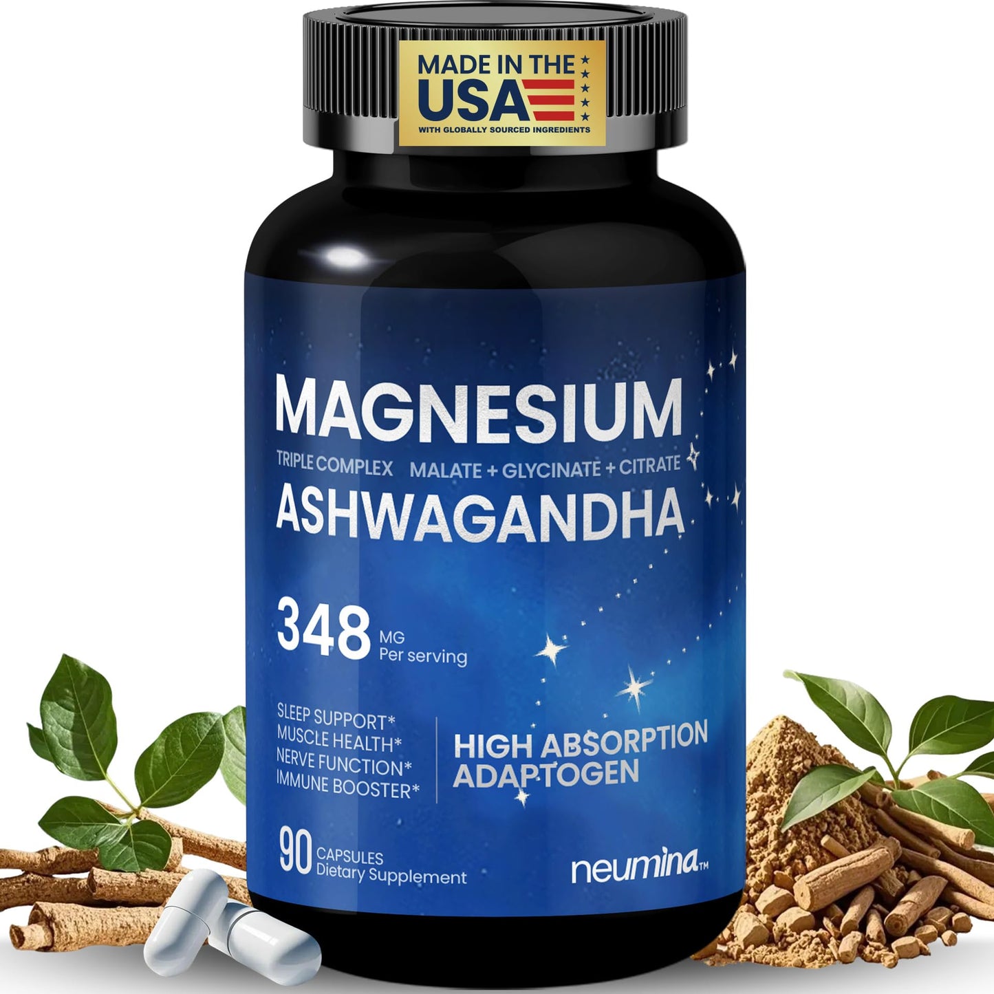 Magnesium Ashwagandha Complex | High-Absorption Multi Magnesium Supports Stress Relief, Sleep, Muscle & Heart Health | Vegan, Non-GMO, Gluten-Free, Made in USA, 90 Capsules((45-Day Supply) - Maple Wellness Supplements