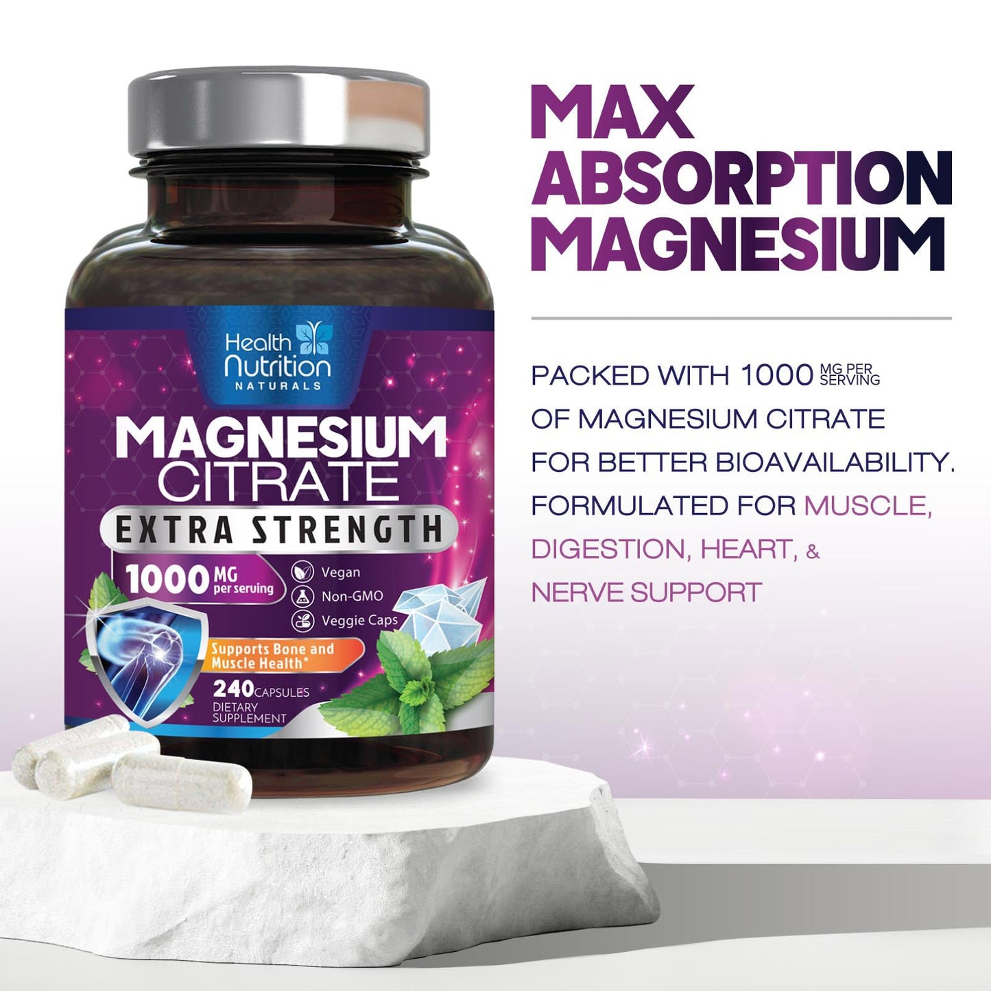 Magnesium Citrate 1000mg Per Serving - Max Absorption Magnesium Powder Capsules for Muscle, Nerve, Bone and Heart Health Support, High Absorption Citrate Complex - Maple Wellness Supplements