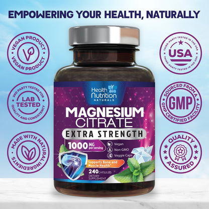 Magnesium Citrate 1000mg Per Serving - Max Absorption Magnesium Powder Capsules for Muscle, Nerve, Bone and Heart Health Support, High Absorption Citrate Complex - Maple Wellness Supplements