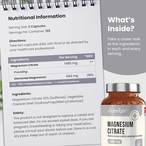 Magnesium Citrate - 1480mg High Strength - 240 Capsules (4 Month Supply) - Vegan - Maple Wellness Supplements