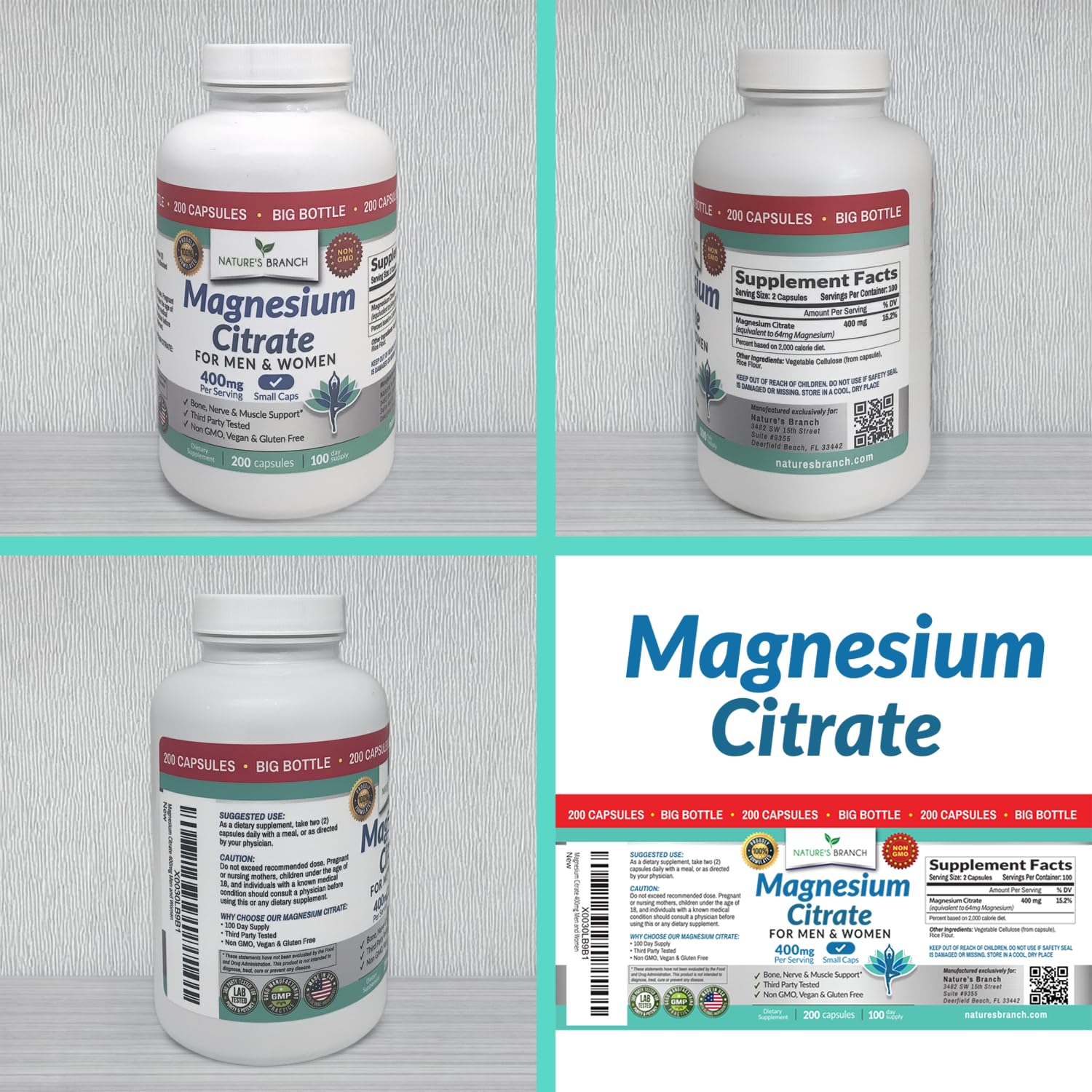 Magnesium Citrate 400mg | 200 Capsules, High Absorption for Sleep, Relax, Leg Cramps, Energy, Extra Strength Easy to Swallow Small Pills for Women & Men, Vegan Supplement for Digestion, Not Tablets - Maple Wellness Supplements