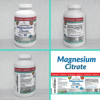 Magnesium Citrate 400mg | 200 Capsules, High Absorption for Sleep, Relax, Leg Cramps, Energy, Extra Strength Easy to Swallow Small Pills for Women & Men, Vegan Supplement for Digestion, Not Tablets - Maple Wellness Supplements