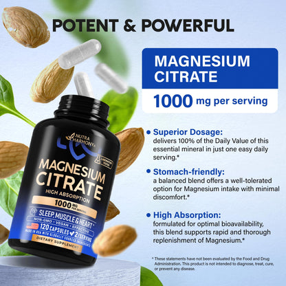 Magnesium Citrate Capsules 1000mg | High Absorption Supplement - Sleep, Muscle & Heart Support - Vegan | Non-GMO - Made in USA - As Powder - Maple Wellness Supplements
