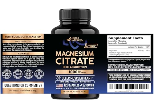 Magnesium Citrate Capsules 1000mg | High Absorption Supplement - Sleep, Muscle & Heart Support - Vegan | Non-GMO - Made in USA - As Powder - Maple Wellness Supplements