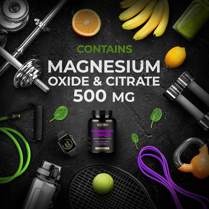 Magnesium Citrate & Oxide 500mg Complex Supplement - High Absorption Maximum Strength - Helps Support Bone Density and Strength, Muscles, Energy and Sleep - 120 Vegan Capsules - Maple Wellness Supplements