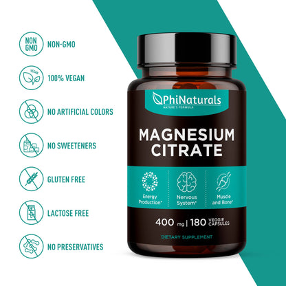 Magnesium Citrate Powder Capsules 400mg - 180 Count Veg Caps - PhiNaturals Supplements - Nervous System Support and Enzyme Function - Maple Wellness Supplements