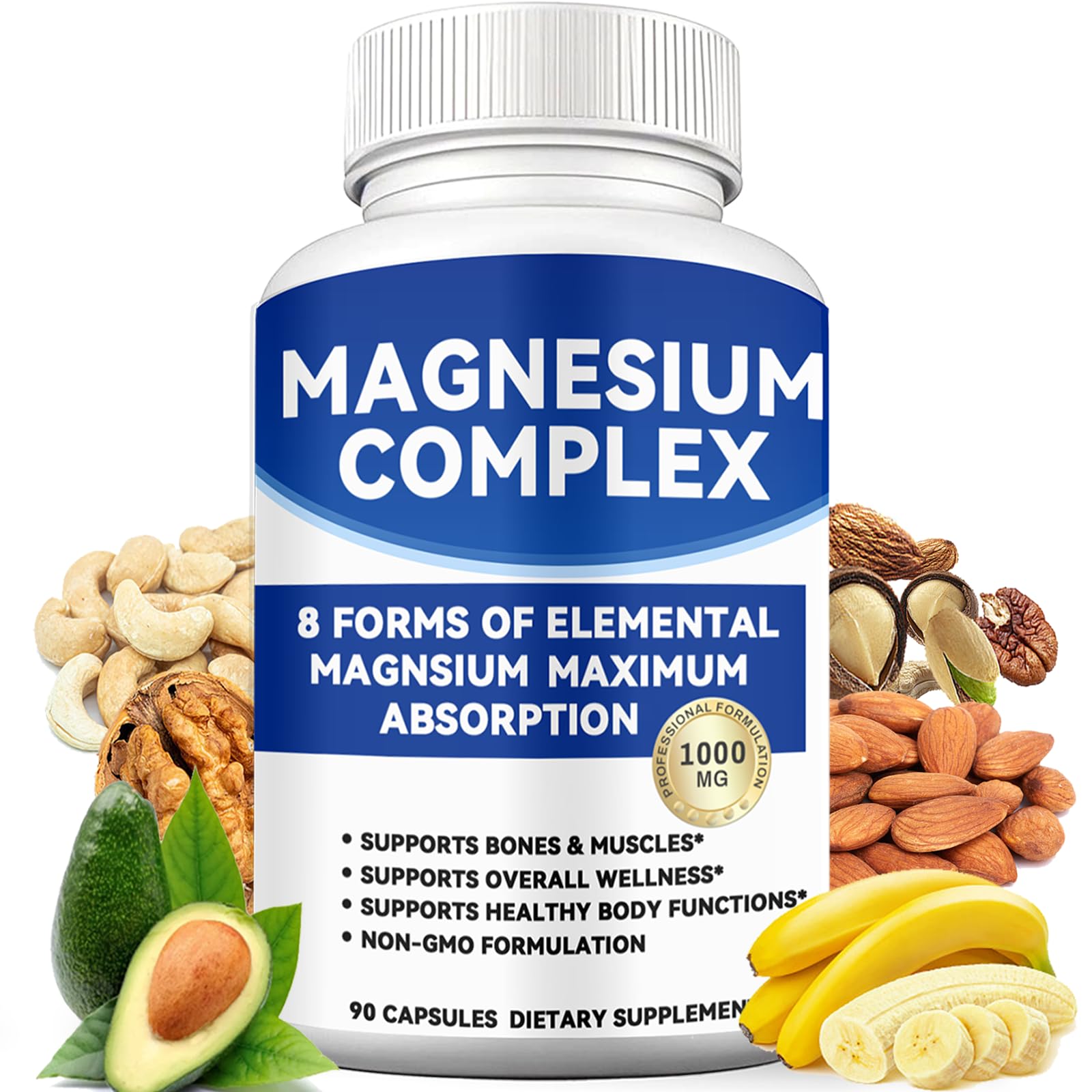 Magnesium Complex 1000mg with 8 Forms – Glycinate, Citrate, Malate, Taurate for Absorption – Supports Bone, Muscle, Energy & Recovery – Vegan, Non-GMO, 90 Capsules (1) - Maple Wellness Supplements