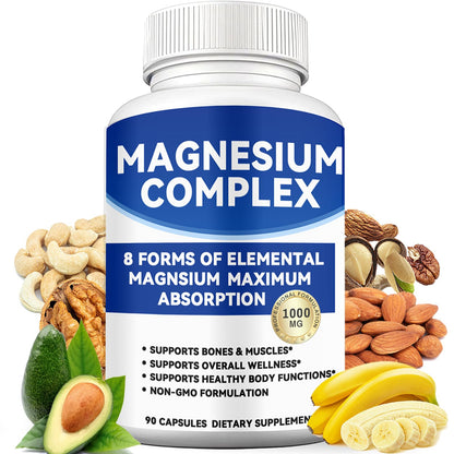 Magnesium Complex 1000mg with 8 Forms – Glycinate, Citrate, Malate, Taurate for Absorption – Supports Bone, Muscle, Energy & Recovery – Vegan, Non-GMO, 90 Capsules (1) - Maple Wellness Supplements