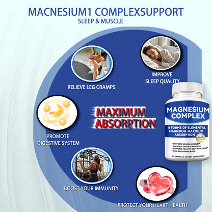 Magnesium Complex 1000mg with 8 Forms – Glycinate, Citrate, Malate, Taurate for Absorption – Supports Bone, Muscle, Energy & Recovery – Vegan, Non-GMO, 90 Capsules (1) - Maple Wellness Supplements