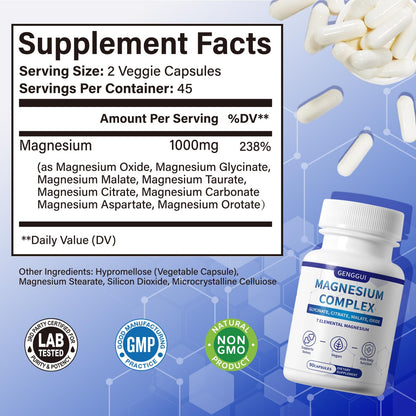 Magnesium Complex 1000mg with 8 Types - Glycinate, Citrate, Malate - Supports Muscle Relaxation, Bone Health, Energy Production & Sleep - High Absorption, Non-GMO, Vegan Capsules, 90 Count (001) - Maple Wellness Supplements