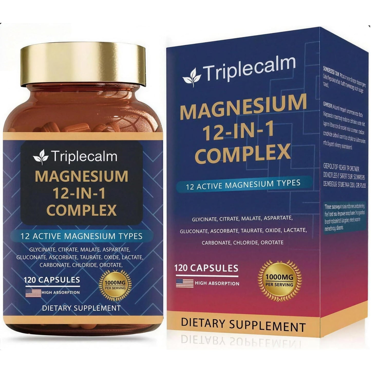 Magnesium Complex 12 in 1 Supplement - 12 Elemental 1000mg - Magnesium Glycinate, Citrate, Malate, Taurate - High Absorption,for Muscle, Nerve & Sleep Support - 120 Capsules - Maple Wellness Supplements
