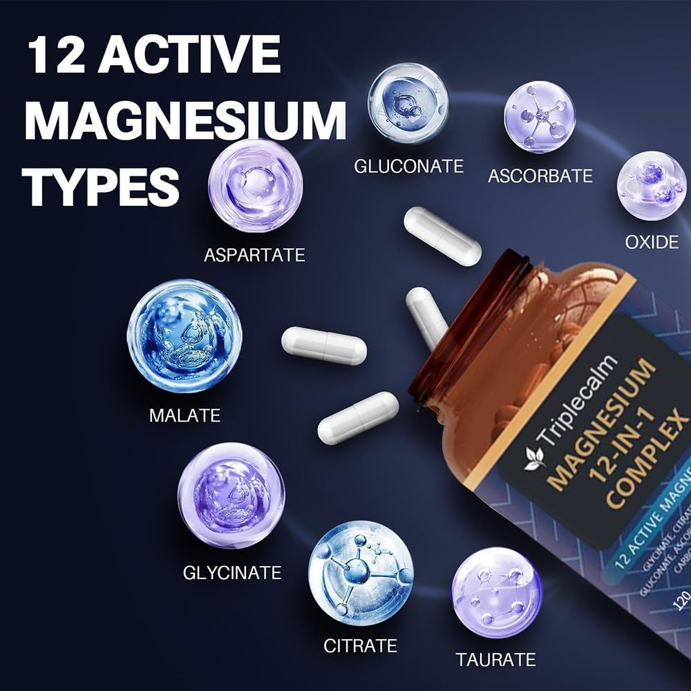 Magnesium Complex 12 in 1 Supplement - 12 Elemental 1000mg - Magnesium Glycinate, Citrate, Malate, Taurate - High Absorption,for Muscle, Nerve & Sleep Support - 120 Capsules - Maple Wellness Supplements
