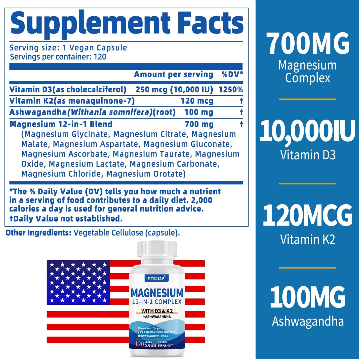 Magnesium Complex 12 in 1 Supplement for Women & Men 700mg, Magnesium Glycinate with Vitamin D3 K2, Citrate Malate Oxide Taurate Aspartate Orotate, for Relaxation, Heart, Energy, Muscle, 120 Capsules - Maple Wellness Supplements