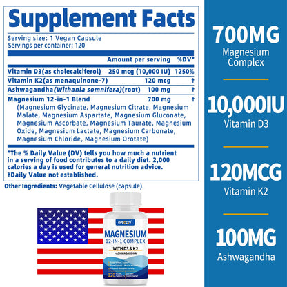 Magnesium Complex 12 in 1 Supplement for Women & Men 700mg, Magnesium Glycinate with Vitamin D3 K2, Citrate Malate Oxide Taurate Aspartate Orotate, for Relaxation, Heart, Energy, Muscle, 120 Capsules - Maple Wellness Supplements